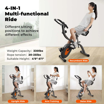 Bicicleta De Ejercicio Plegable 4 En 1 Magnética Estacionaria Recumbent Bike Resistencia De 10 Niveles Para Uso En El Hogar Con Bandas De Resistencia Para Brazos